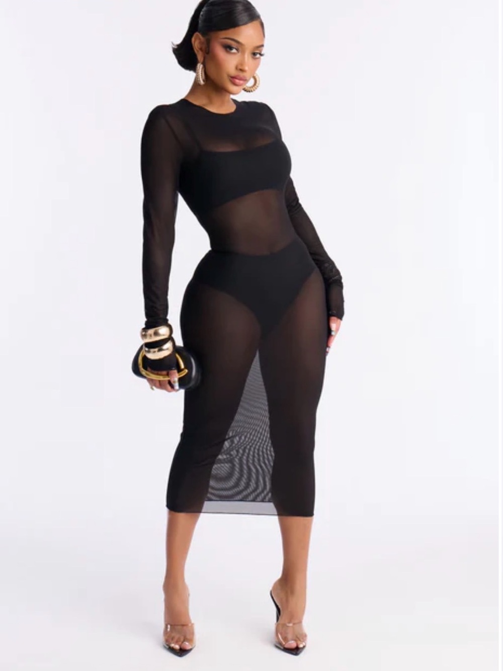 Fashion Nova Power Mesh Bodycon Midi Dress - Black
